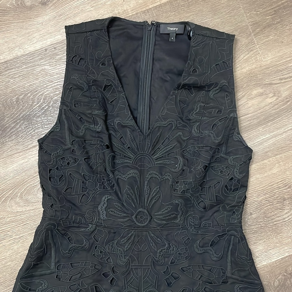 Theory Eyelet Linen Cotton Dress Little Black Summer Dress Size 6 Embroidered - Picture 4 of 14